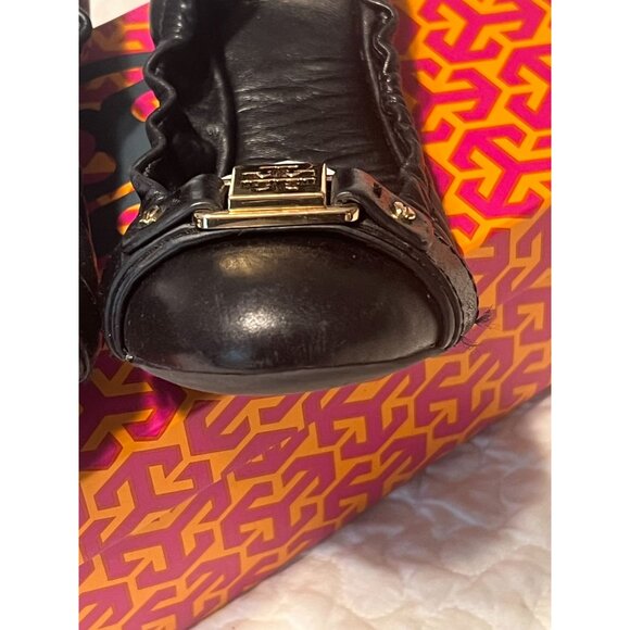 TORY BURCH Ambrose Ballet Flats Leather Camel Black Gold Buckle Women's Size 7 B - Picture 9 of 12